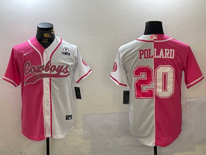 Mens Dallas Cowboys #20 Tony Pollard Red White With Patch Cool Base Stitched Baseball Jersey